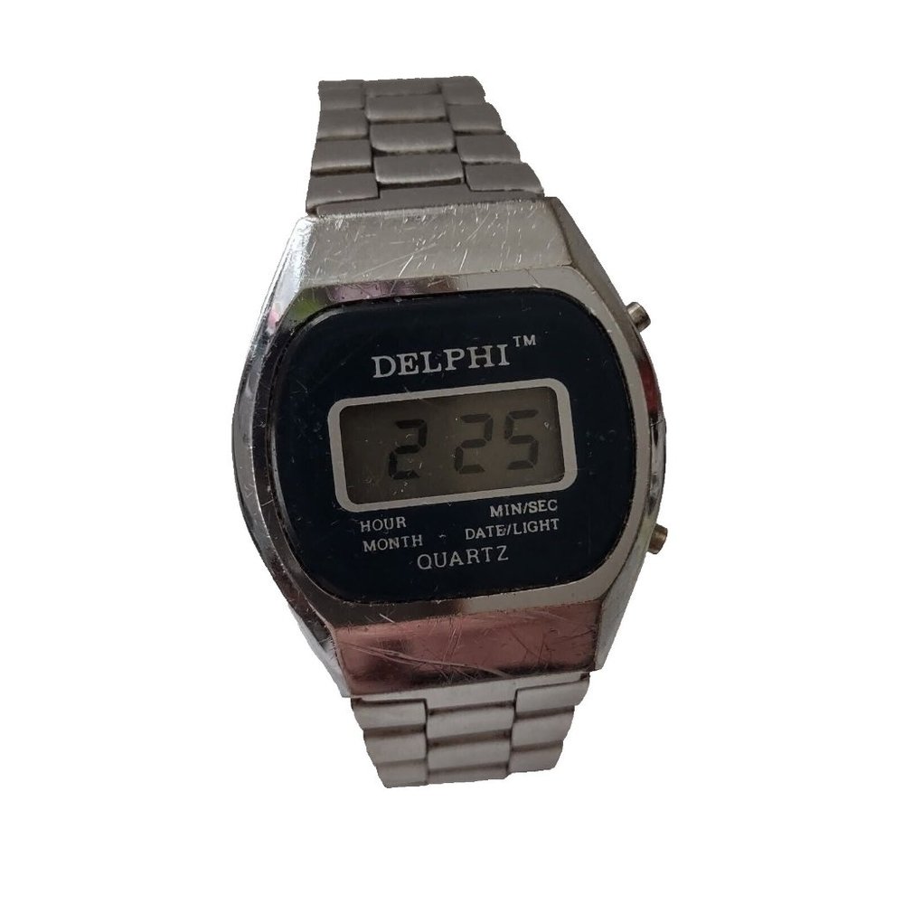 Vintage Delphi Wrist Watch Men Silver Black Digital Quartz Date Light Steel Band
